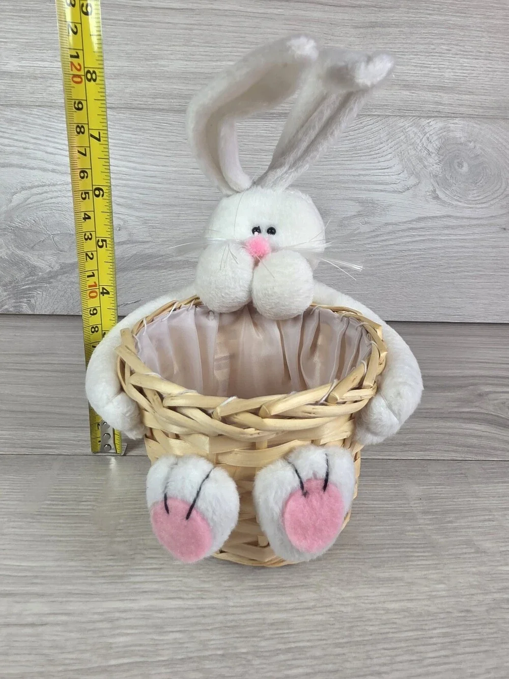 Easter Plush Rabbit Basket Woven Seasonal Decor Satin Liner Whimsical SU54